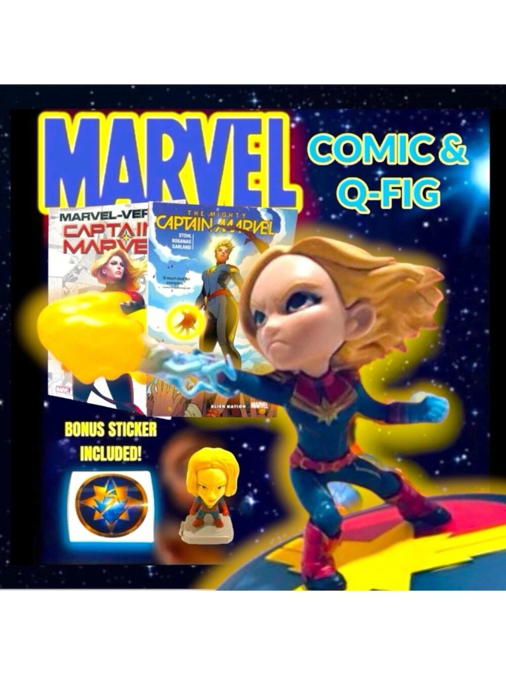 Marvel Captain Marvel Vinyl Q-Fig, 2 Graphic Novels. Bonus Sticker & Figure.